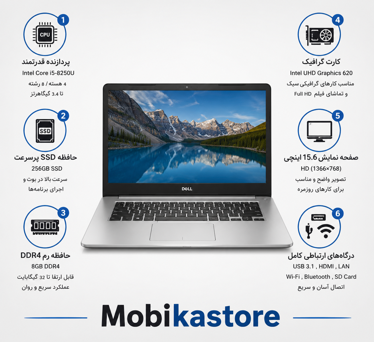 لب تاپ دل اینسپاریون Dell Inspiron 5570 i5-8250U Intel UHD 8GB DDR4 256GB SSD