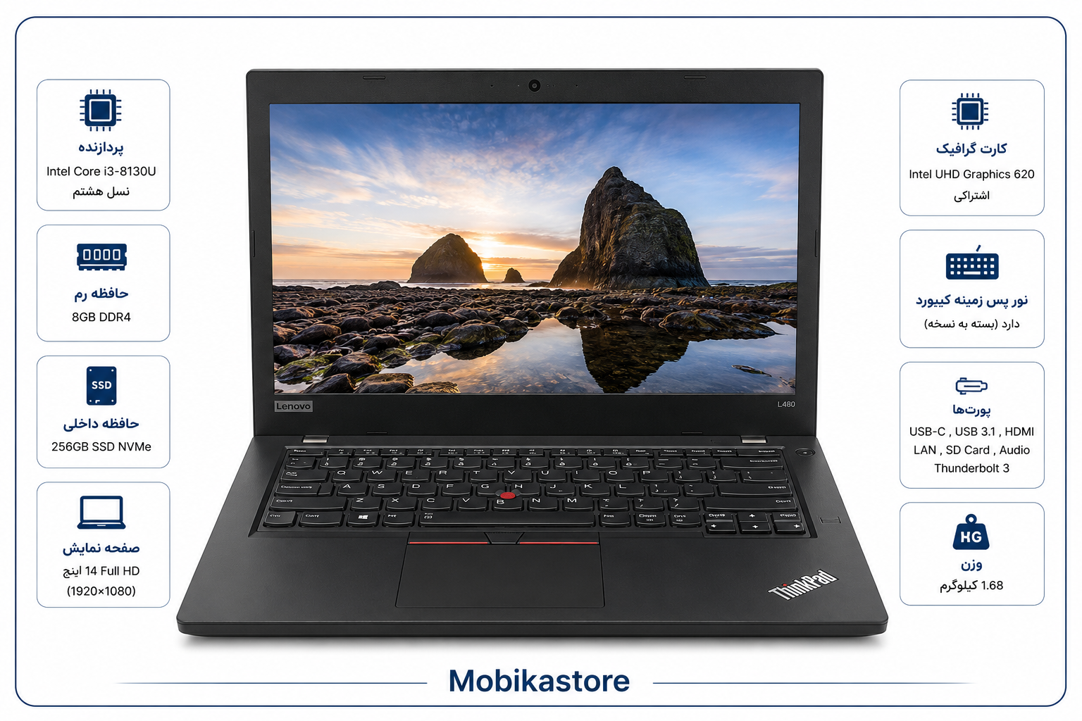 لب تاپ لنوو Lenovo مدل ThinkPad L480 core i3-8130U 8GB 256GB FHD IPS
